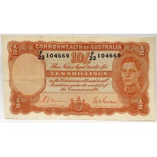 AUSTRALIA 1939 . TEN 10 SHILLINGS BANKNOTE . VERY SCARCE